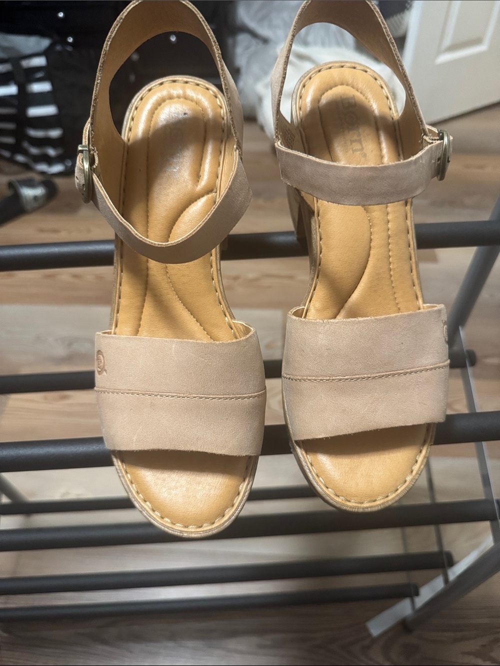 b.o.c. Beige/Tan Wedge Sandals with Ankle Strap